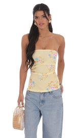 Floral Strapless Double Slit Top in Yellow
