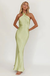 Italia Azure Crossover Halterneck Maxi Dress Pistachio