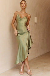 Morning Sun Cowl Neckline Asymmetrical Hem Midi Dress Olive