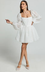 Ingrid Mini Dress - Long Puff Sleeve Pearl Detail Dress in White
