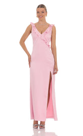 Satin V-Neck Open Back Maxi Dress in Pink