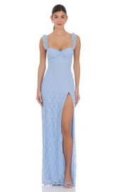 Lace Ruffle Strap Maxi Dress in Light Blue