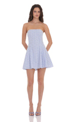 Striped Floral Strapless Dress in Blue and White
