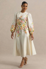 Dahlia | White Floral Border Print High-Neck Midi Dress