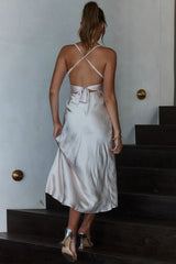Lakoda Gathered Bust Bow Tie Back Midi Dress Champagne